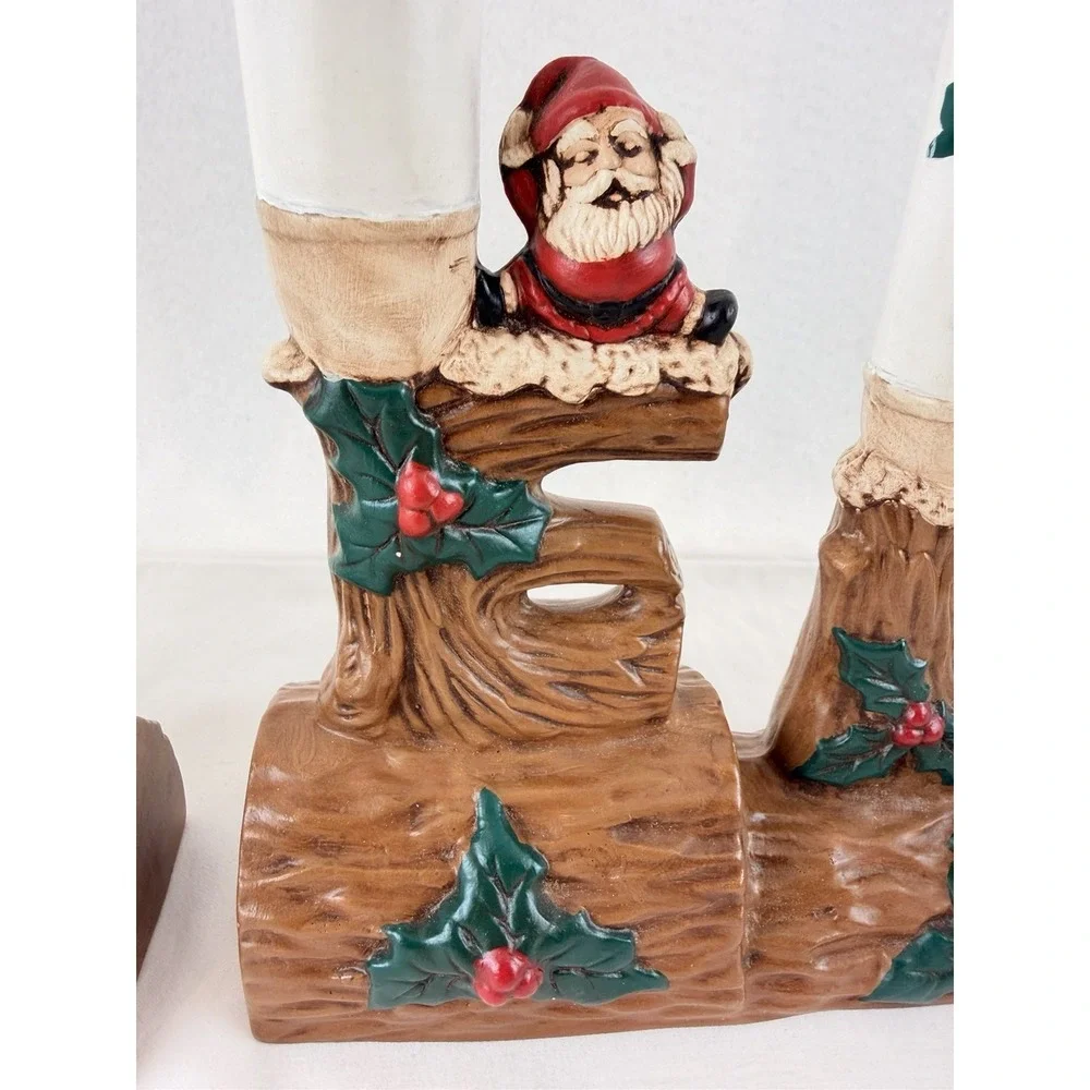 Vintage 1974 NOEL Ceramic Candle Holder Set Santa Log Christmas Decor - Picture 7 of 16